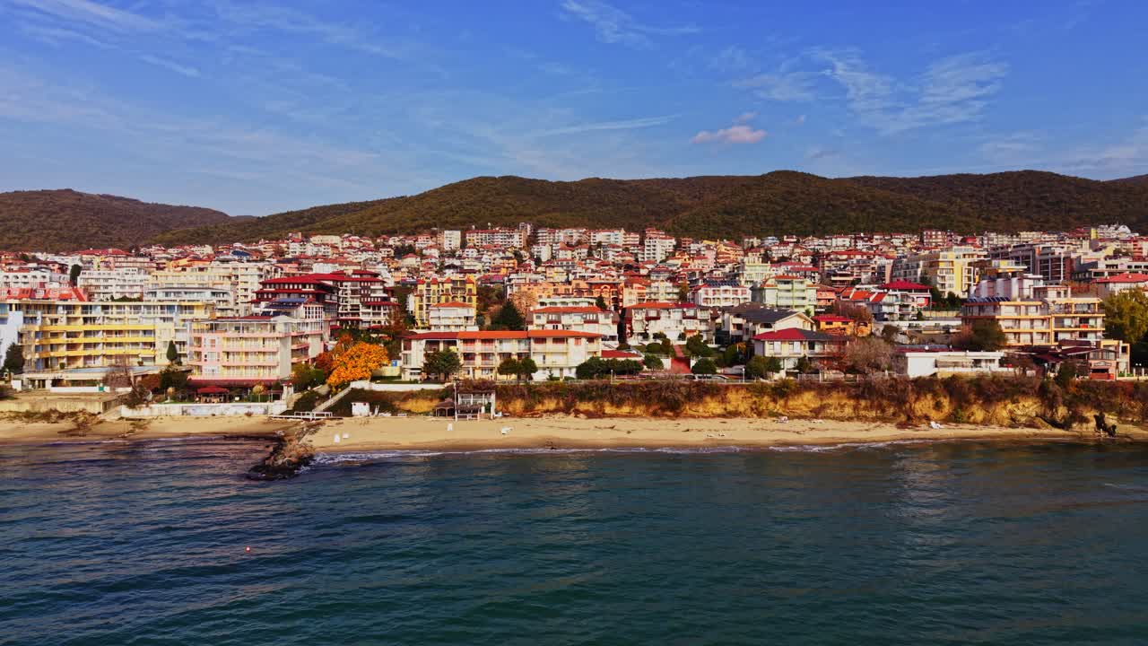 Coastal aerial view of a vibrant Bulgarian town by the sea