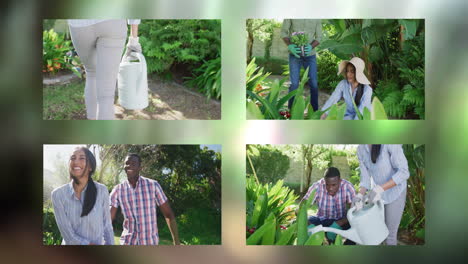 animation of four frames with happy biracial couple spending time in garden on green background