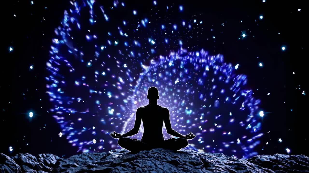 Silhouette meditativa in una galassia cosmica