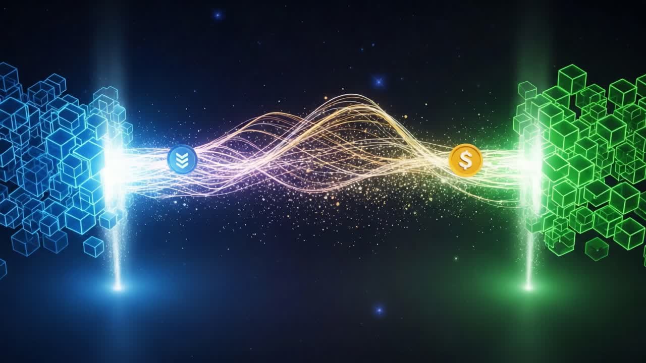 A Dynamic Flow of Digital Currency: Visualizing the Exchange of Value Between Diverse Systems in a Vibrant, Colorful Network