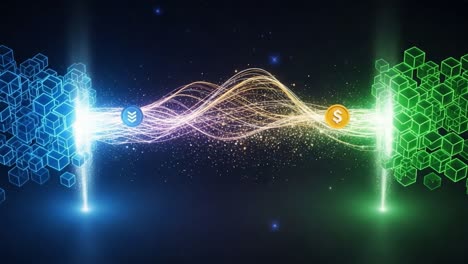 a dynamic flow of digital currency: visualizing the exchange of value between diverse systems in a vibrant, colorful network