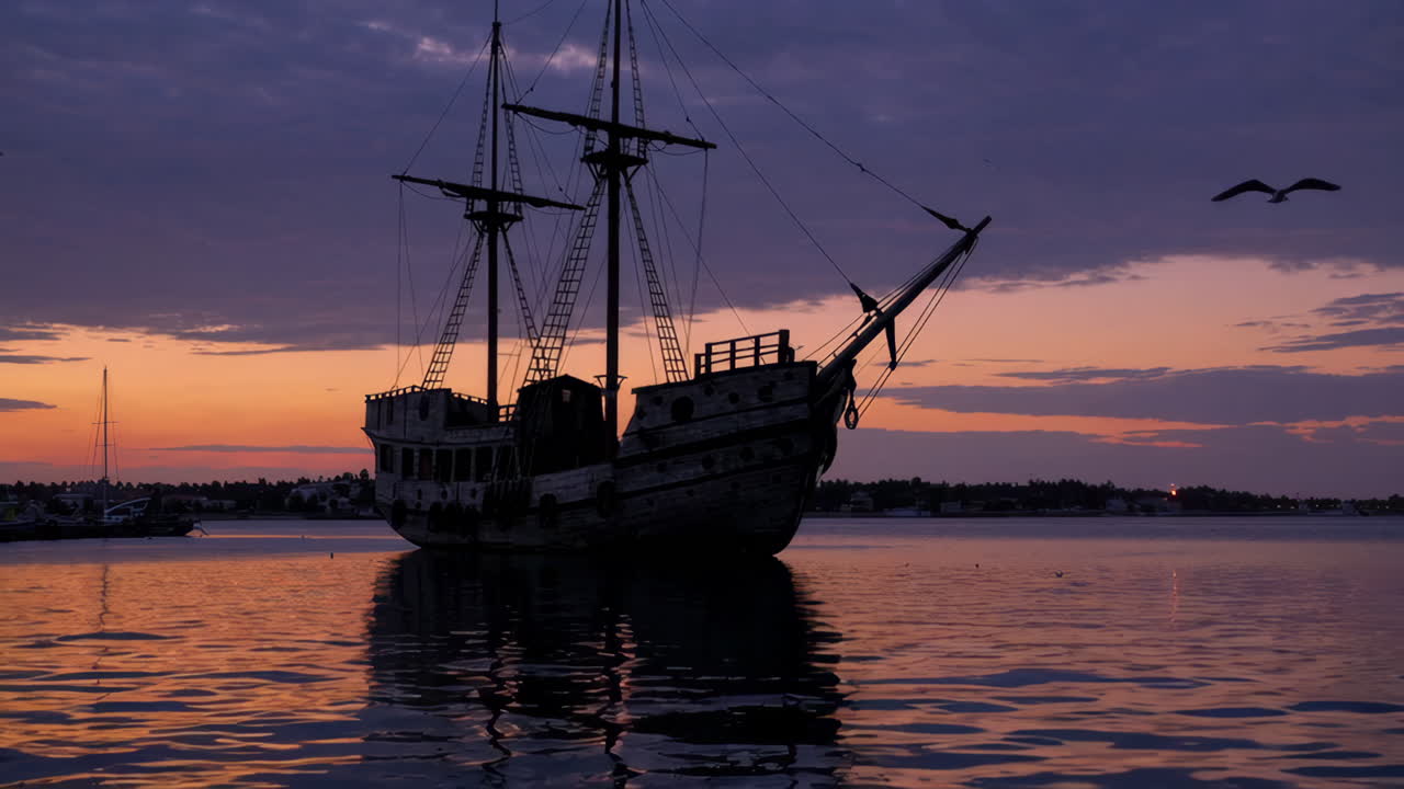 Silhouette of an old ship at sunset