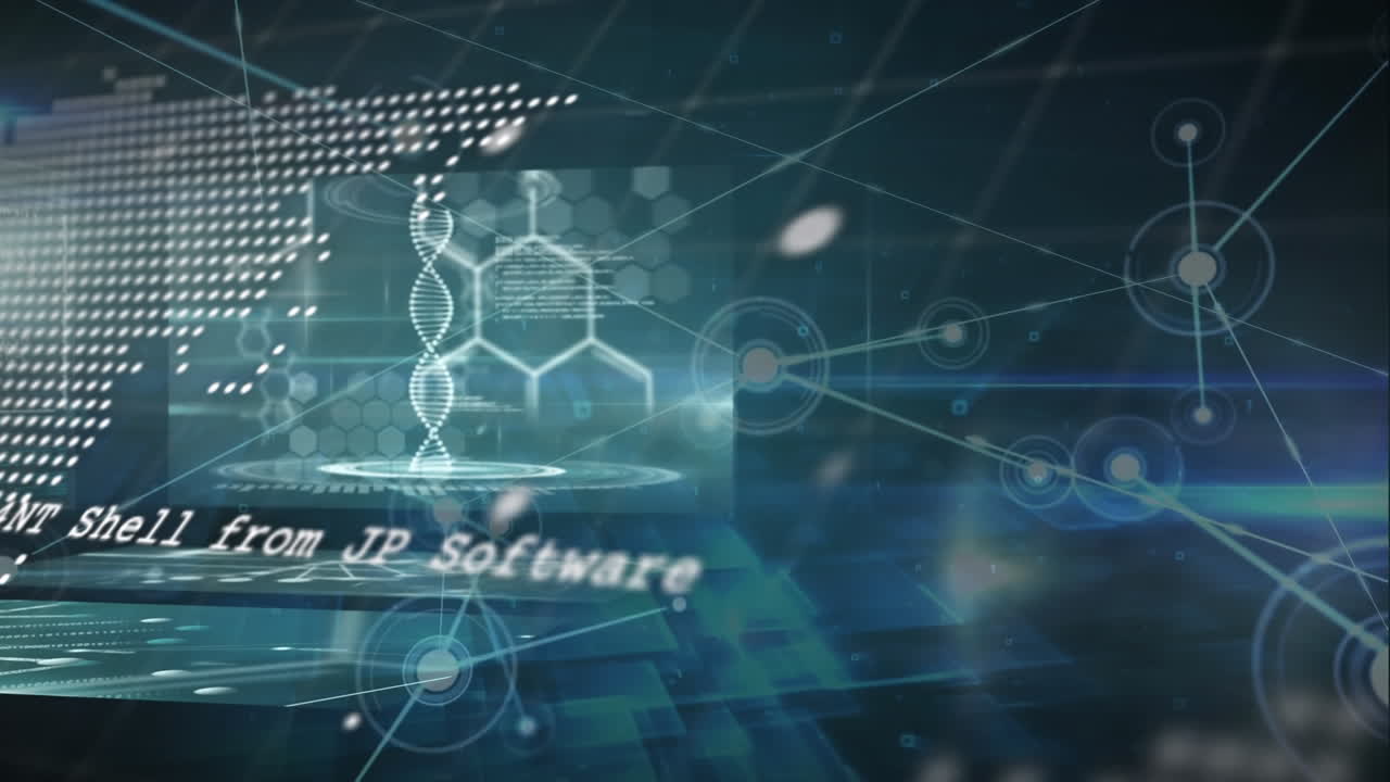 animazione di reti di connessioni, mappa del mondo e globo rotante su schermi con elaborazione dei dati.