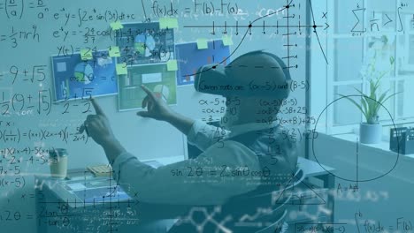 animation of mathematical formulas over businessman using vr headset