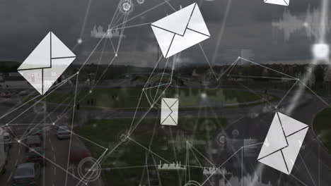 animación de la envoltura que cae, puntos conectados e iconos gráficos sobre el lapso de tiempo de los vehículos en movimiento