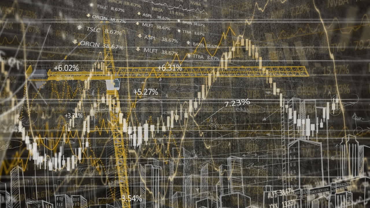 animación del procesamiento de datos financieros sobre grúa y paisaje urbano