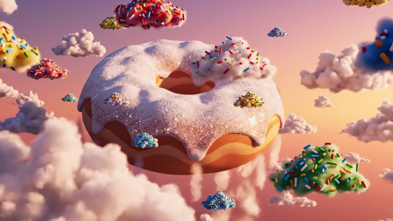 Whimsical Donut Floating Among Clouds