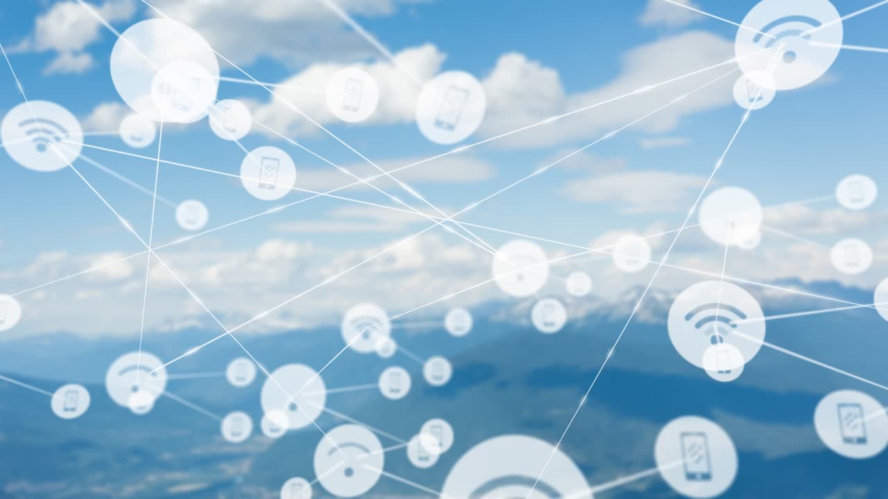 Animation of network of connections with icons over landscape