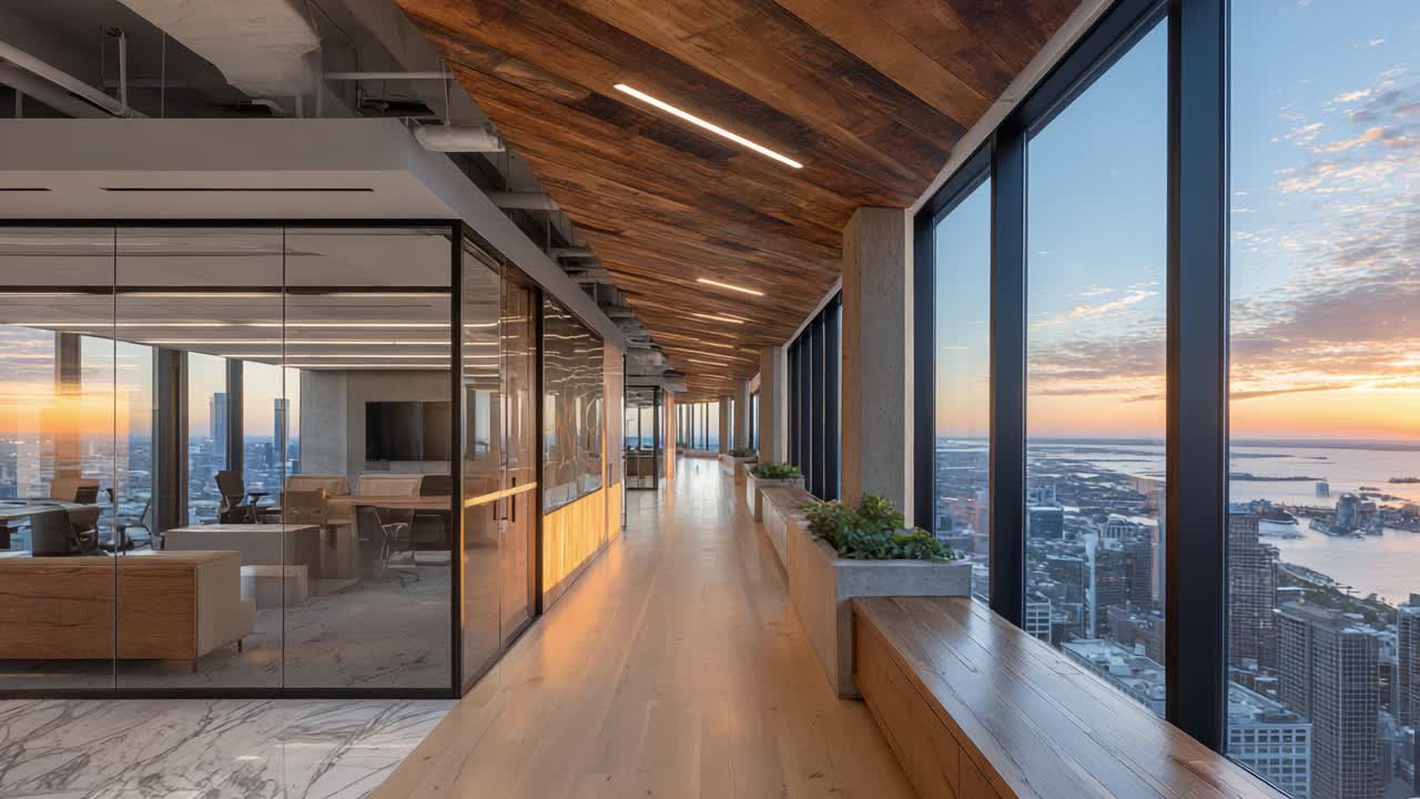 A Stunning Office Corridor with Panoramic City Views and Elegant Design Elements, Perfect for Modern Work Environments and Inspiring Productivity