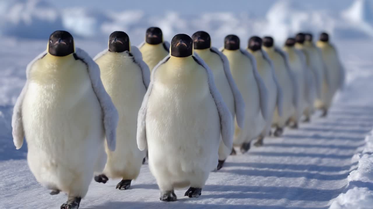 A Charming Parade of Emperors: A Line of Adorable Baby Penguins Marching Across the Snowy Terrain in Their Icy Habitat, Captivating Hearts with Their Playful Journey