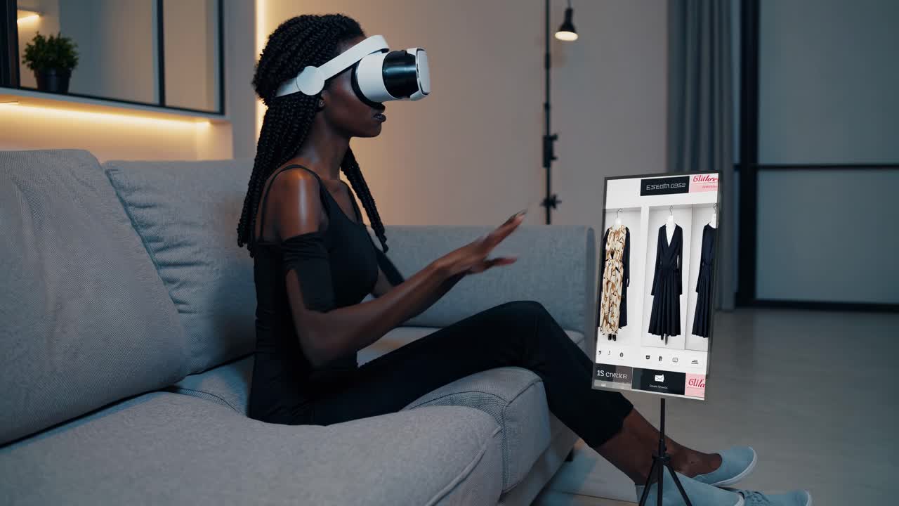 Woman using VR headset to virtually try on a red dress