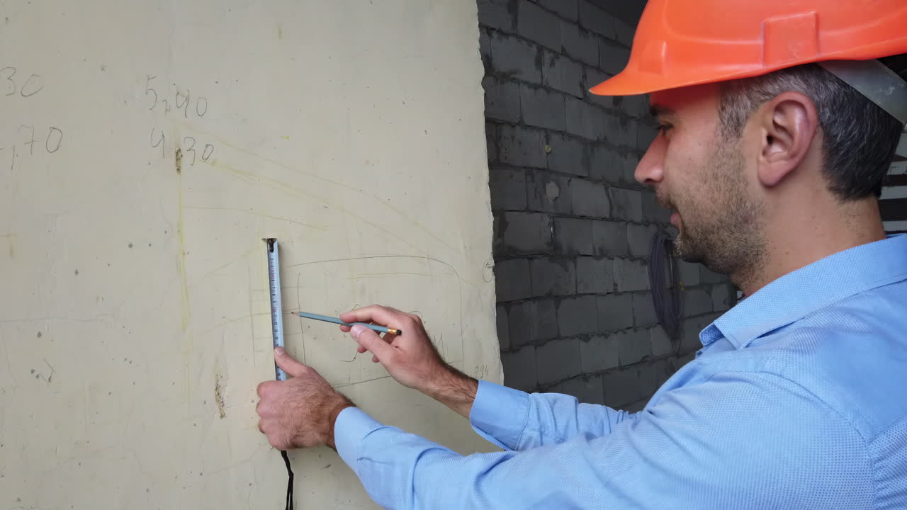 Man wearing an orange safety helmet measuring a wall and writing on it