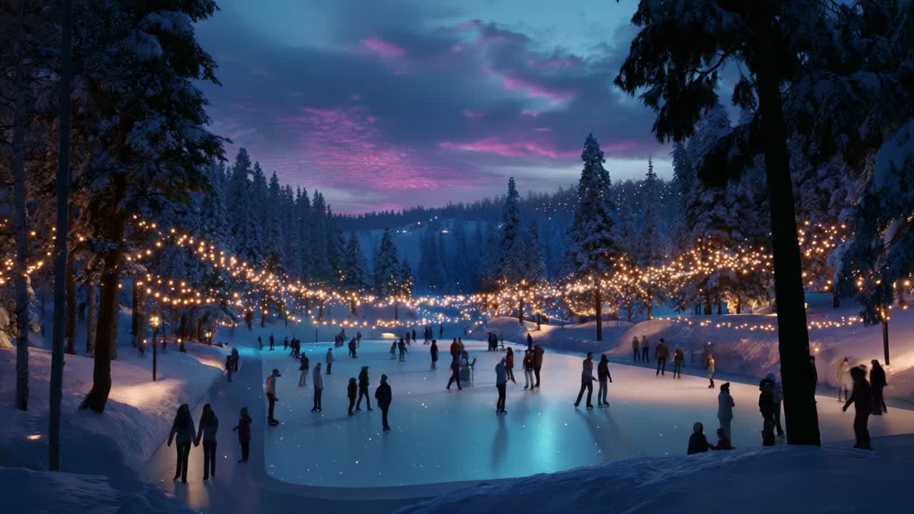 Enchanting Winter Wonderland: A Frosty Evening Ice Skating Adventure Under Twinkling Lights in a Magical Setting Surrounded by Snow-Covered Trees and a Beautifully Colorful Sky at Dusk
