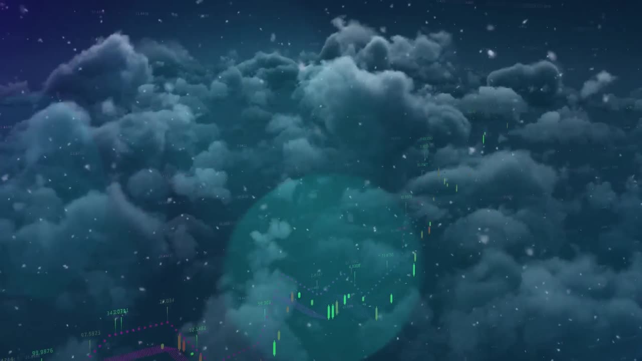 Animation of financial data processing over spot lights and clouds