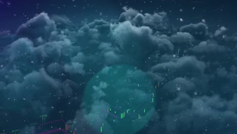 animation of financial data processing over spot lights and clouds