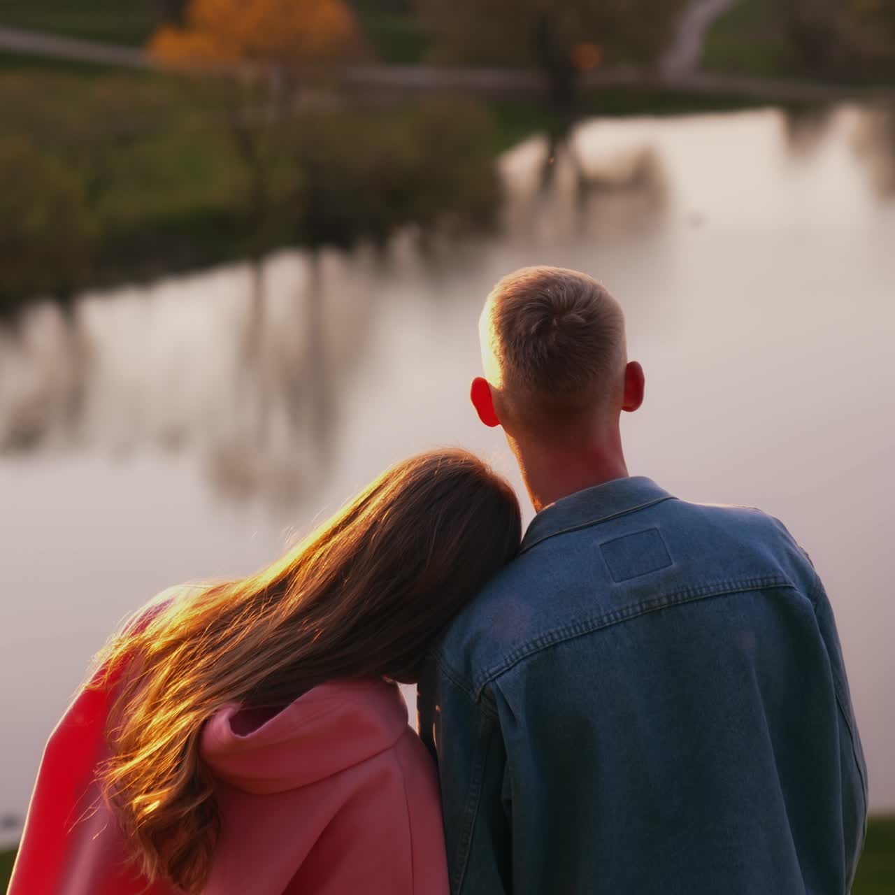 Young couple near the river. Guy and his girlfriend standing together and looking at sunset among beautiful nature. Rear view