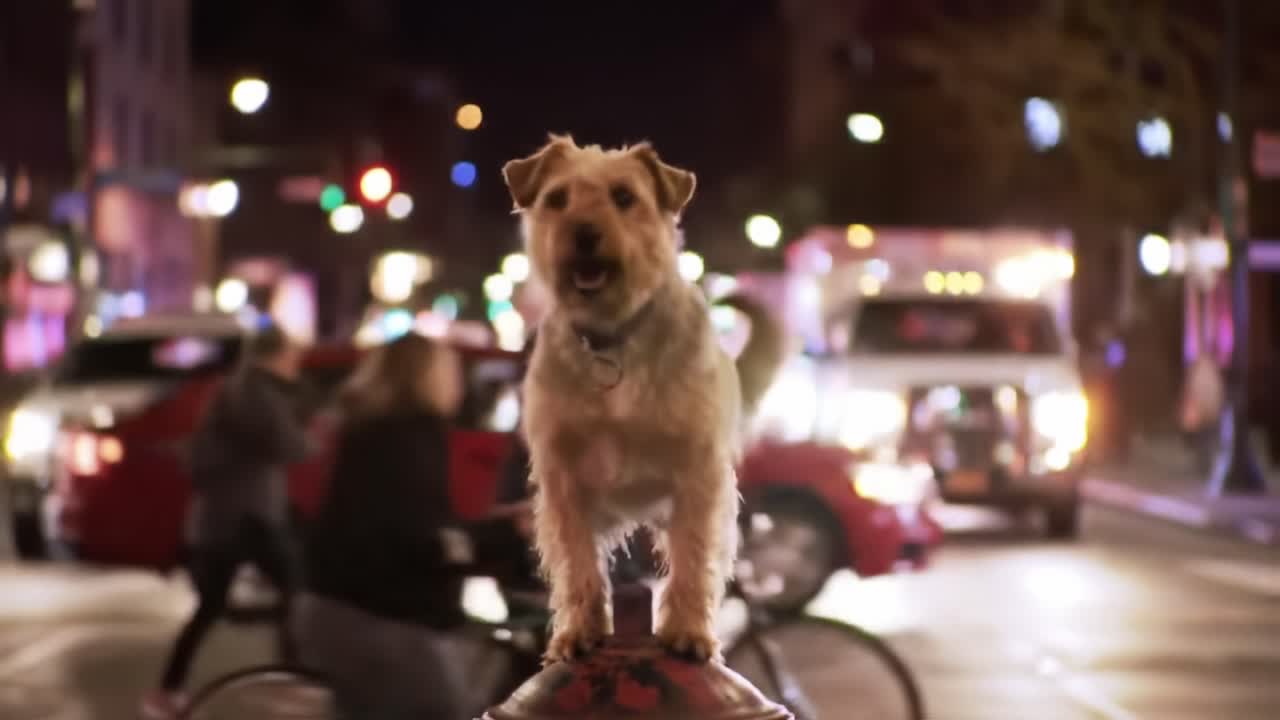 A Small Dog Heroically Stands on a Fire Hydrant in a Vibrant City Night, Illuminated by Colorful Lights and Capturing the Essence of Urban Life