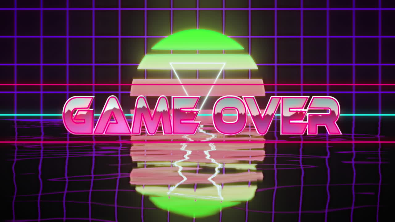 텍스트 위에 게임의 애니메이션, 그리드 패턴, 검은 바탕에 태양에 삼각형에 대 한 바다