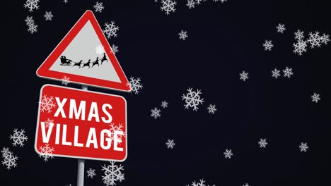 animation of snow falling over christmas road sign on black background