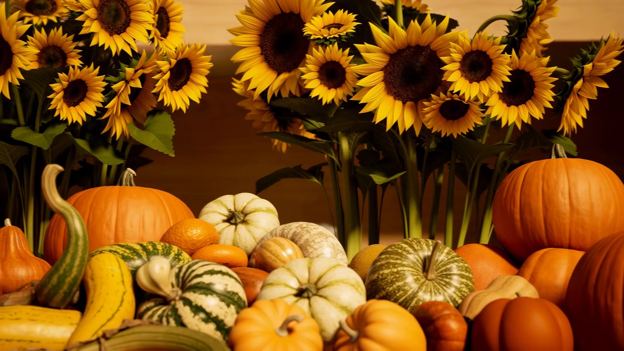 Natura morta autunnale a strati con due bouquet di girasoli gemelli che si ergono dietro una fitta disposizione di zucche, zucche striate, zucche a collo d'oca e agrumi rotondi su un tavolo di legno, illuminata da una luce calda direzionale.