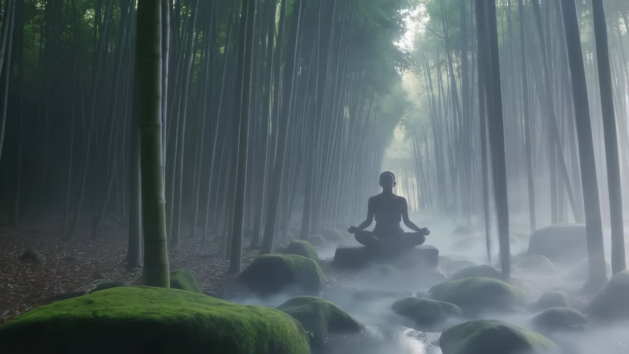 Meditation in a Misty Bamboo Forest