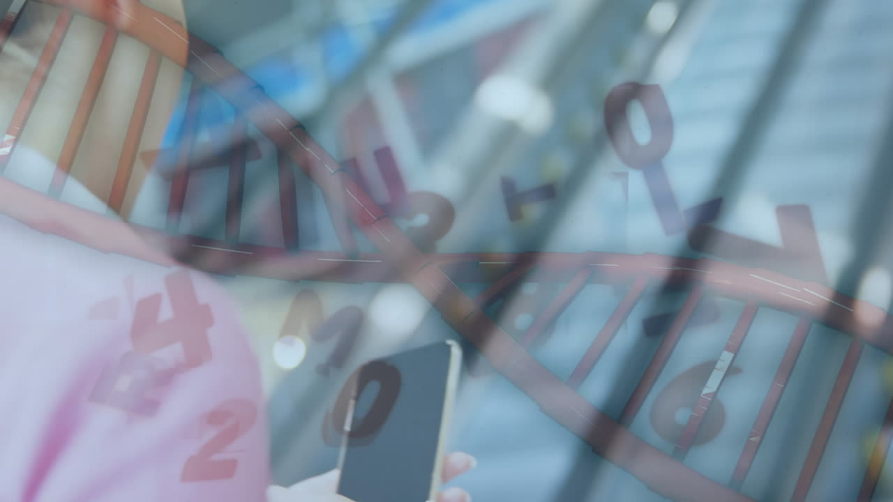 Animation of woman using smartphone over dna strand