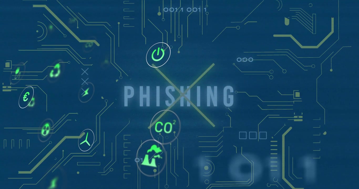 Scrambled letters morphing into PHISHING as neon icons rotating and pulsing showing security risk