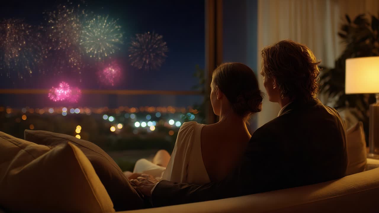 A Romantic Evening Transforming into a Spectacular Display of Colors, as Two Figures Embrace While Fireworks Illuminate the Night Sky, Capturing the Essence of Celebration and Togetherness in an Intimate Moment