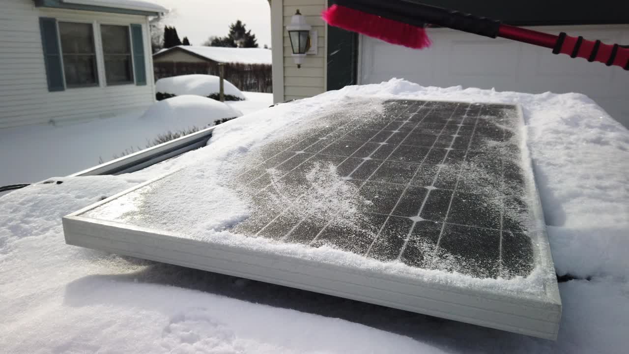 alguien quitando la nieve de un panel solar que está montado en la parte superior de un todoterreno a la mitad de la velocidad
