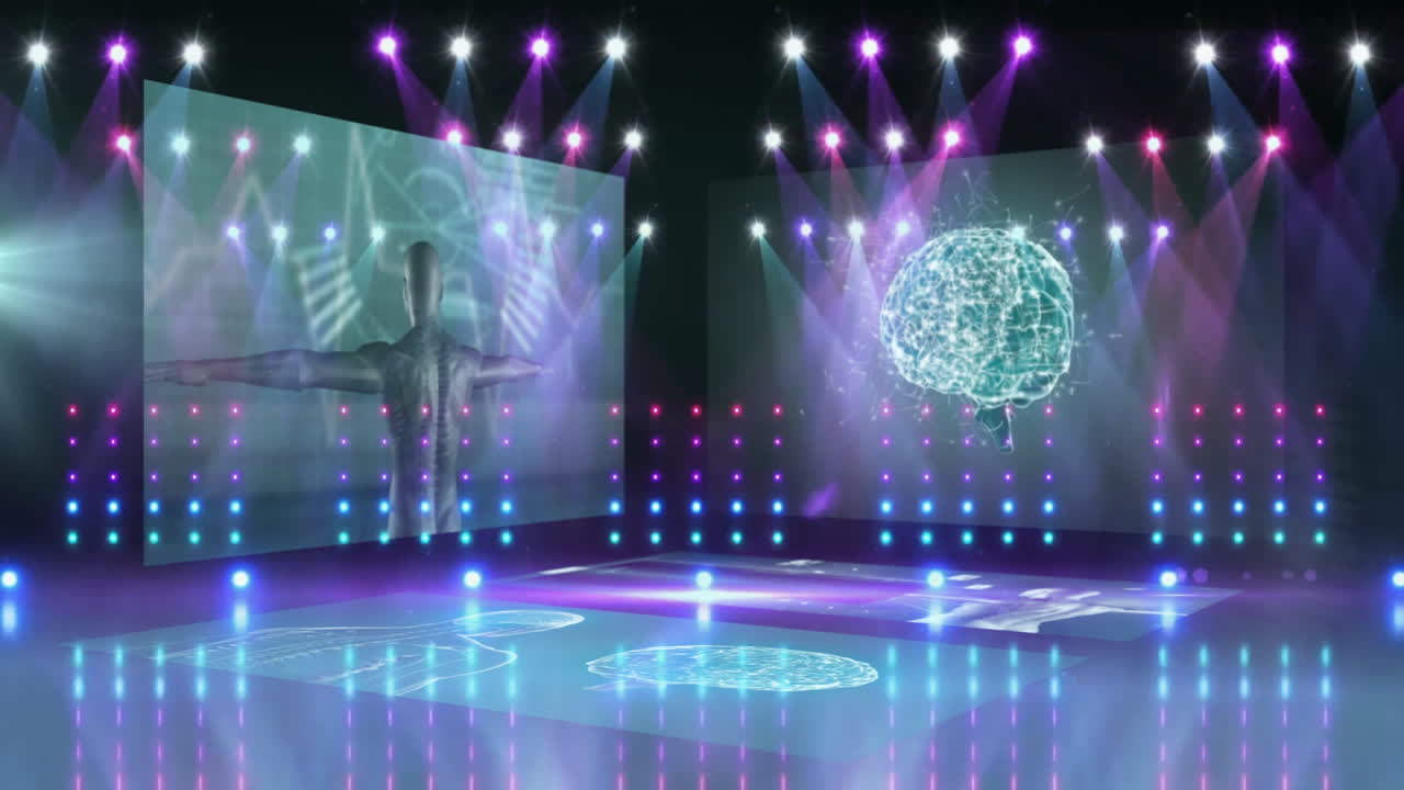 On futuristic stage, animation of digital brain and human anatomy with colorful lights