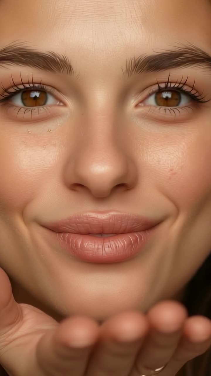 Vertical video: Shifting smile, woman raising hand under chin and blowing kiss in studio, with ring