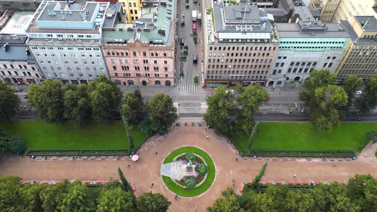 Aerial drone view of Esplanade park in Helsinki, Finland