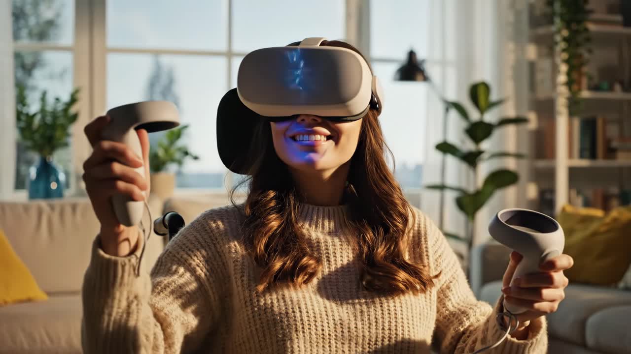 Woman Enjoying Virtual Reality at Home