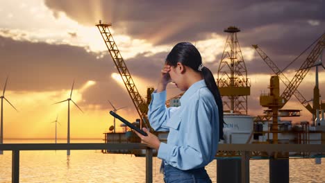 side view of an asian female professional worker standing with her tablet with offshore hydrogen production, high-tech industrial facility, checking with dissapionted and nodding her shead