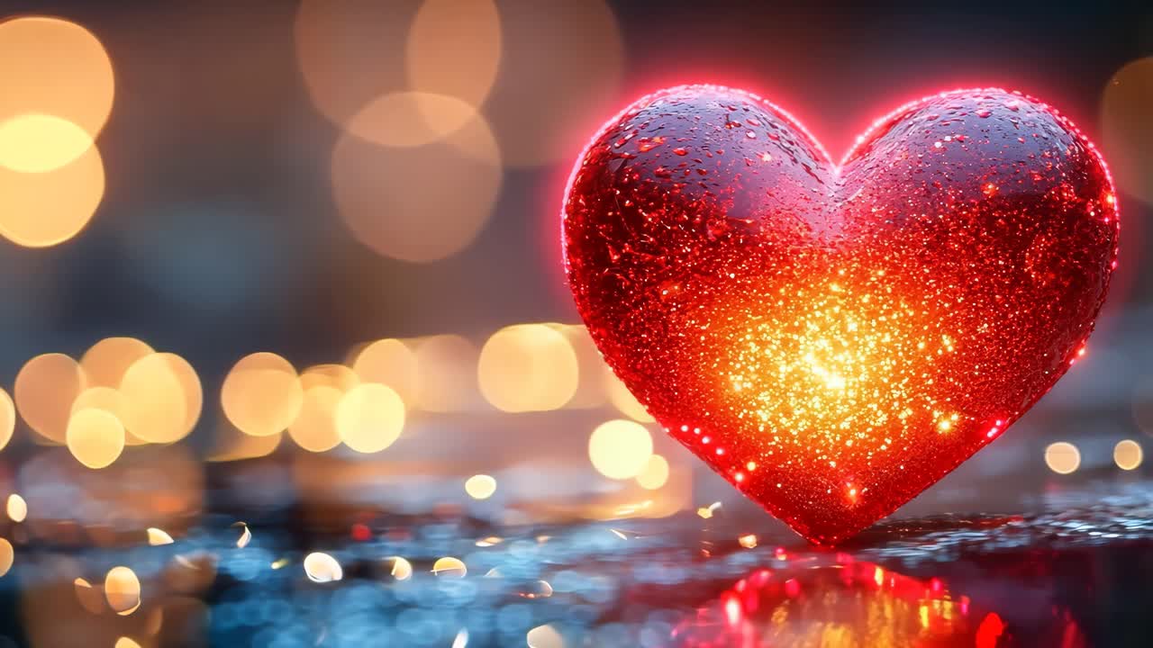 A heart with a glowing red center is surrounded by a blurry background. The heart is lit up, giving it a warm and romantic feel