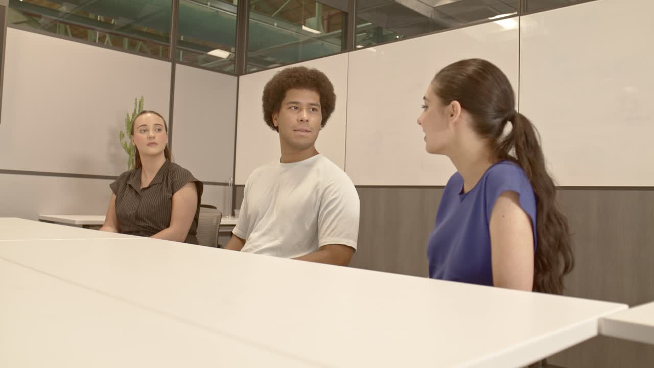African American male, Arab American female and caucasian female in their 20's in a meeting with stable video