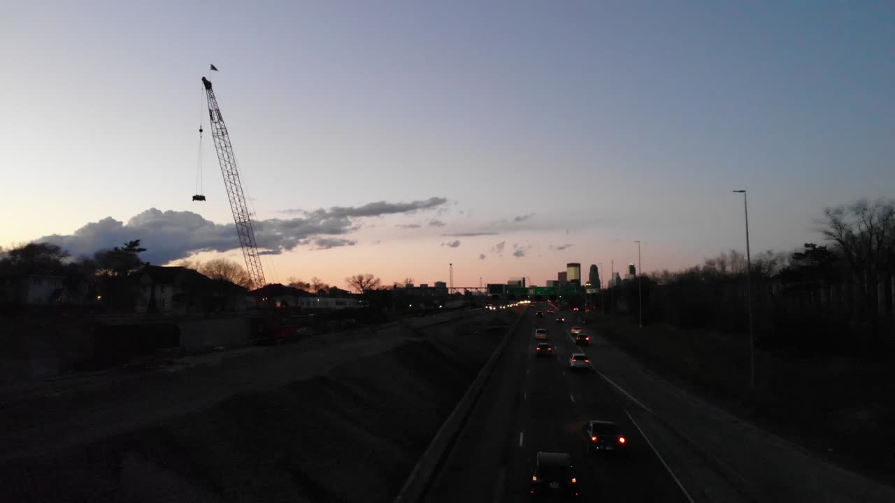 Aerial view camera tilting at a highway I-35 Minneapolis during blue hour
