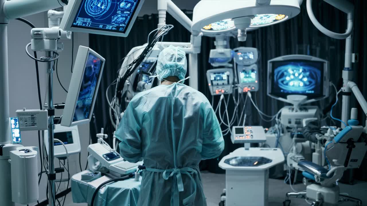 A surgeon in scrubs, viewed from behind, operates in a high-tech surgical room