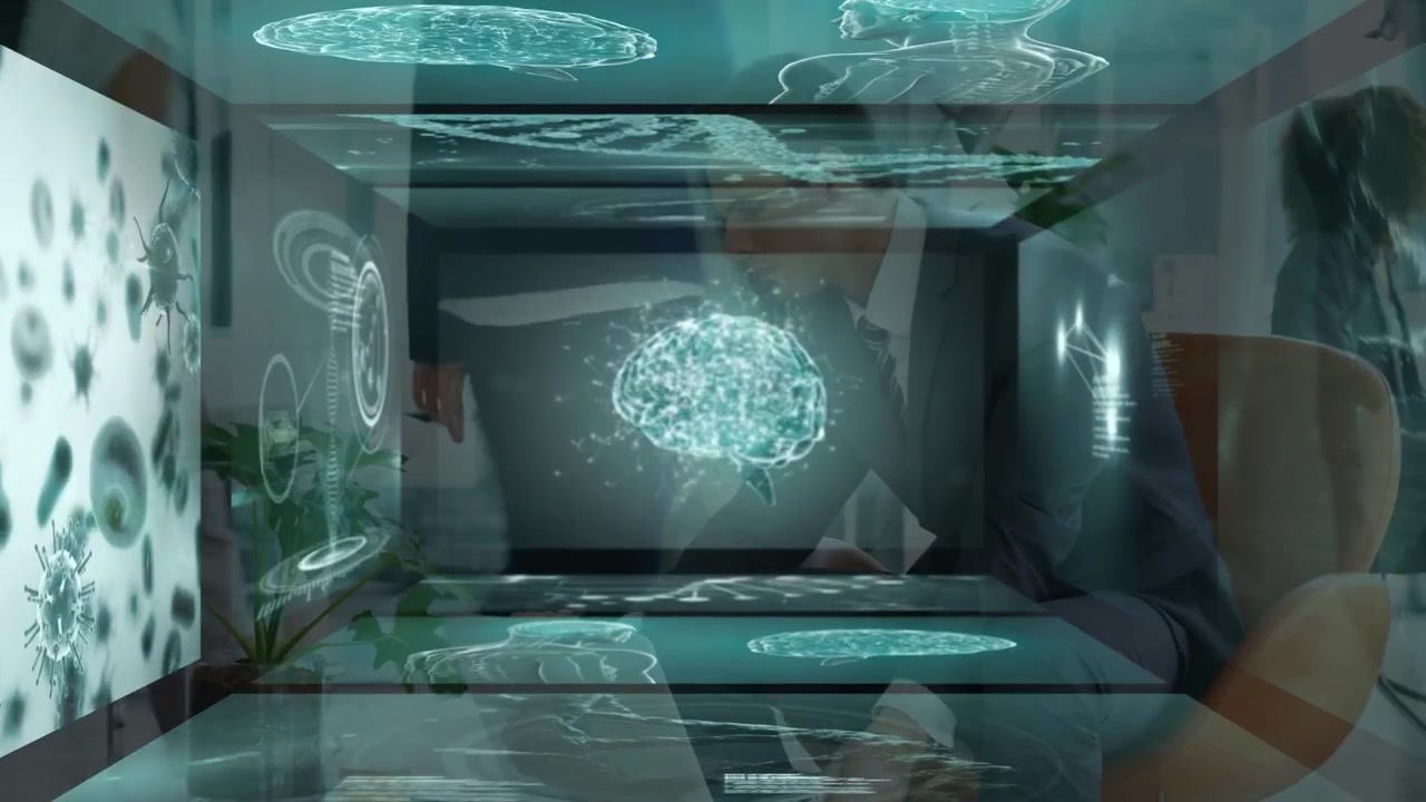 Animation of data processing and digital brain over diverse business people