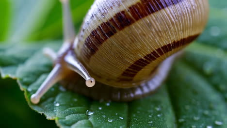 a snail on a green leaf with water droplets