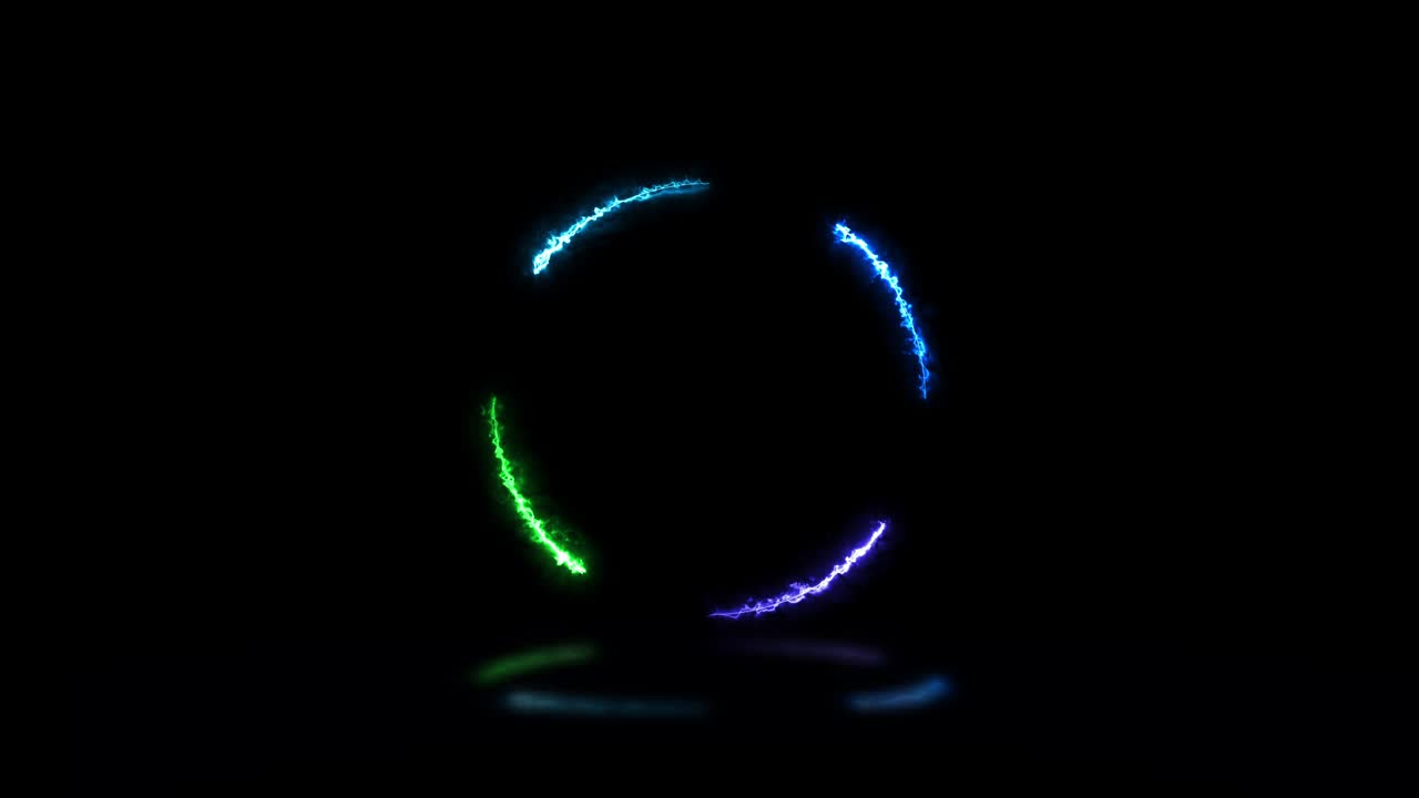 Green, blue and violet energy lights round shape on a dark background with reflections. Seamless loop abstract sign motion graphic design