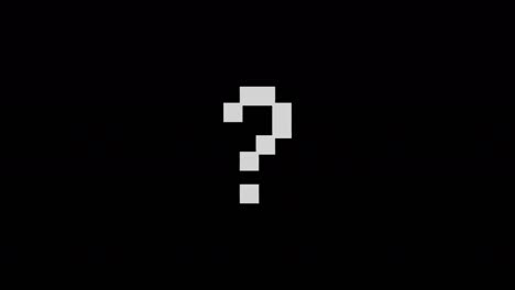 Glitching question mark animation, retro style digital glitch on a black background