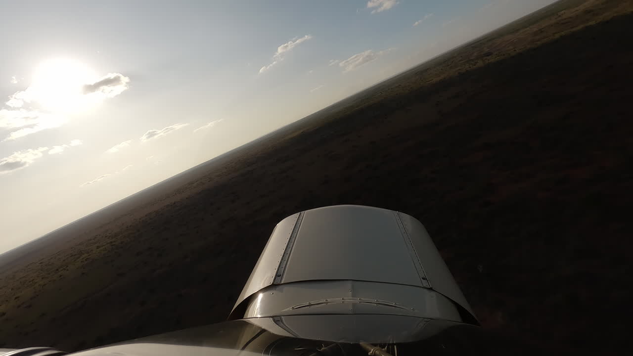 Piccolo aereo che vola tra arbusti e alberi sparsi.