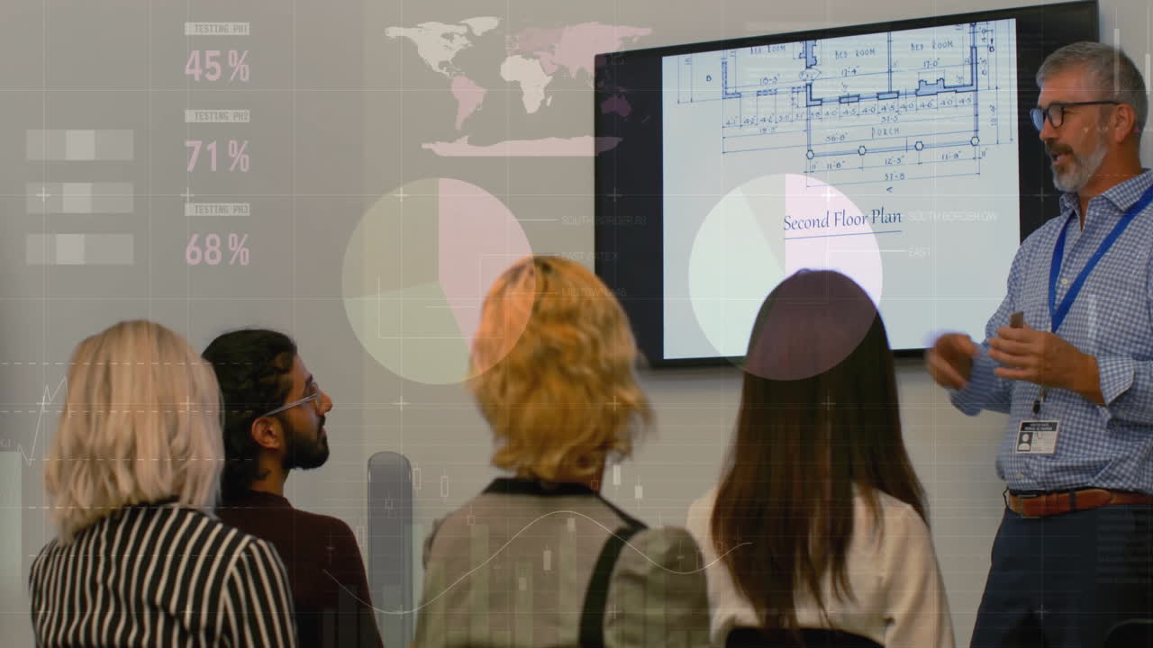 анимация обработки финансовых данных над различными деловыми людьми в офисе