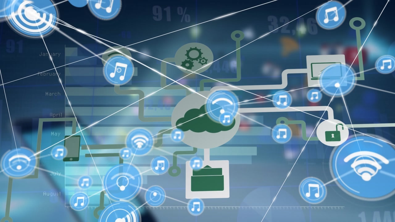 Animation of network of connections with icons over data processing
