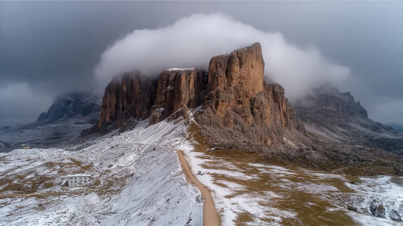 Majestic Mountain Landscape Enveloped in Clouds with Frosty Terrain and a Winding Path Leading Through the Snow-Covered Valley Below
