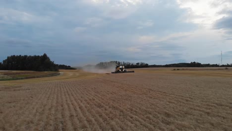 Toma-Aérea-Hacia-Atrás-De-Una-Cosechadora-Cosechando-Un-Campo-De-Trigo-En-Alberta,-Canadá,-En-Un-Día-Nublado