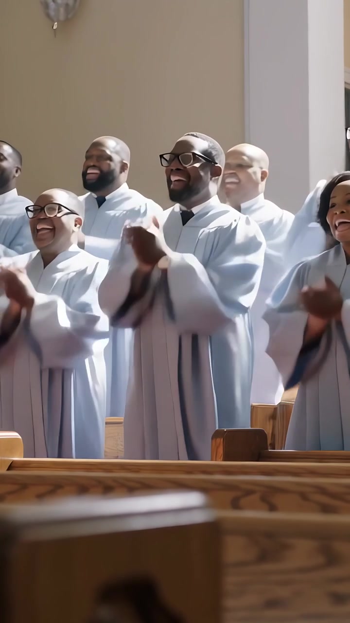 Vertical video: Singing choir in blue robes clapping, raising hands as song builds at church pews