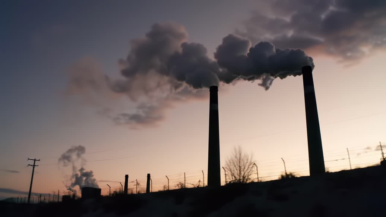 Silhouetted Industrial Stacks Emitting Smoke Against a Colorful Sunset Sky: A Reflection on Urban Pollution and Environmental Impact