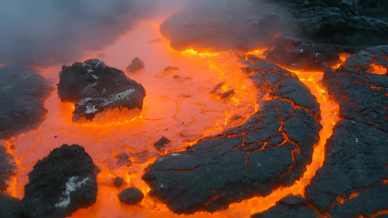 Shifting molten pool and glowing channel circulating at vent, heat driving crust cracking, steaming